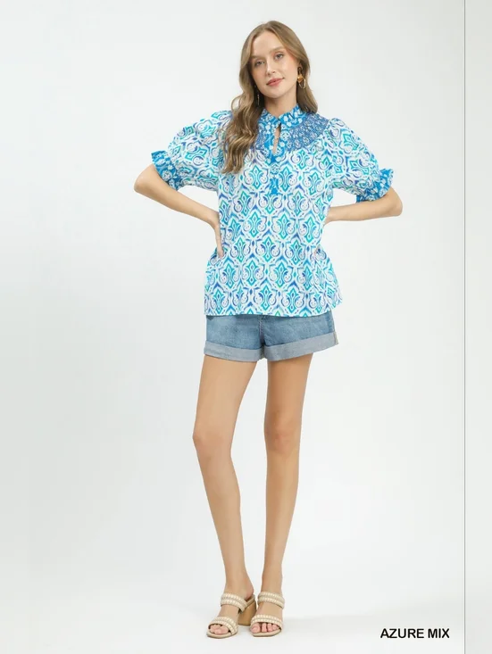 Umgee Mix Boho Puff Sleeve Smocked Top - Picture 5 of 9